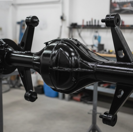 Schwarzes Differentialgehäuse, in einer Werkstatt auf einem Ständer platziert.